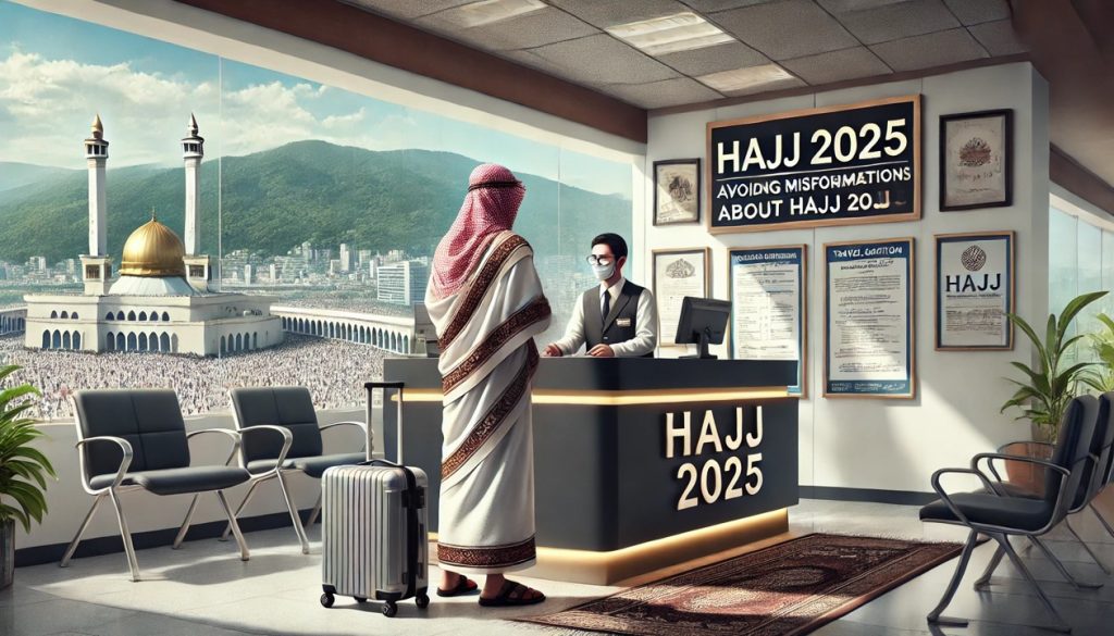 Waspada Hoaks Haji! Seorang jamaah haji 2025 sedang memeriksa dokumen resmi di agen perjalanan untuk memastikan keabsahan informasi sebelum berangkat ke Tanah Suci. Pastikan selalu mendapatkan informasi dari sumber terpercaya seperti Kementerian Agama dan aplikasi MeccaBot.