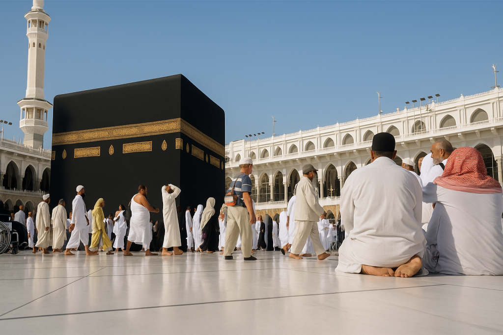Sambil menunggu jadwal haji, Jemaah melakukan thawaf mengelilingi Ka'bah di Masjidil Haram, Mekkah.